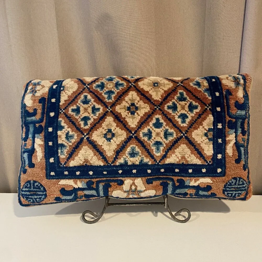 Vintage Turkish Wool Carpet Pillow 24x14‎ Handwoven Blue Brown Accent